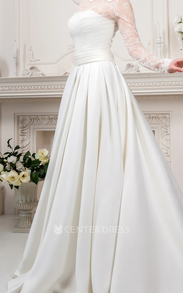 A-Line High Neck Long-Sleeve Satin&Lace Wedding Dress