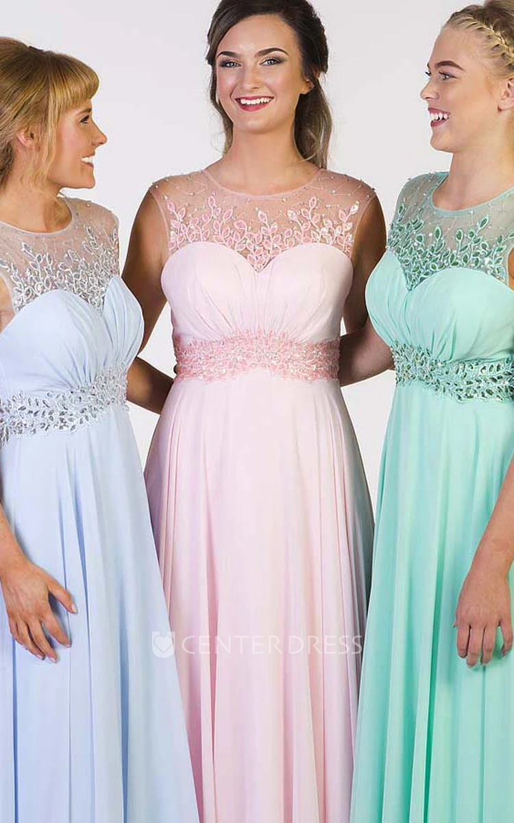 A-Line Floor-Length Scoop Cap-Sleeve Appliqued Chiffon Prom Dress With Keyhole Back And Pleats