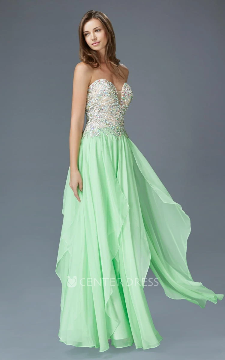 A-Line Long Sweetheart Sleeveless Chiffon Lace-Up Dress With Beading And Draping