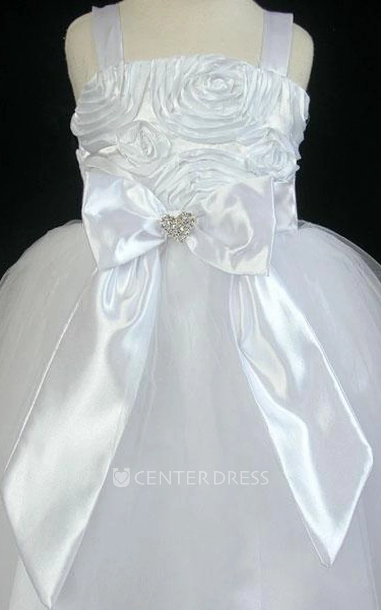 Tea-Length Embroideried Bowed Split-Front Tulle&Satin Flower Girl Dress With Sash