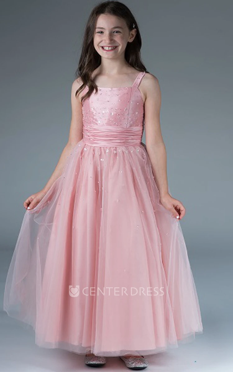 Flower Girl Square Neck Sequined Top Tulle Ball Gown With Fishbone
