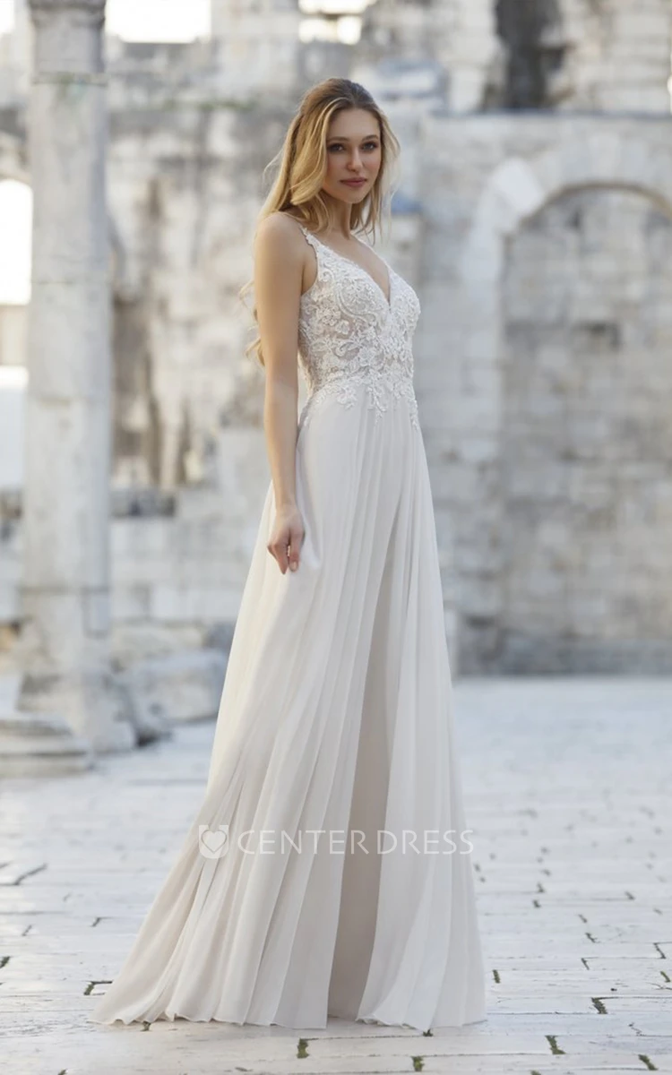 Elegant Plunging Neckline Pleats A-Line Lace Wedding Dress with Deep-V Back