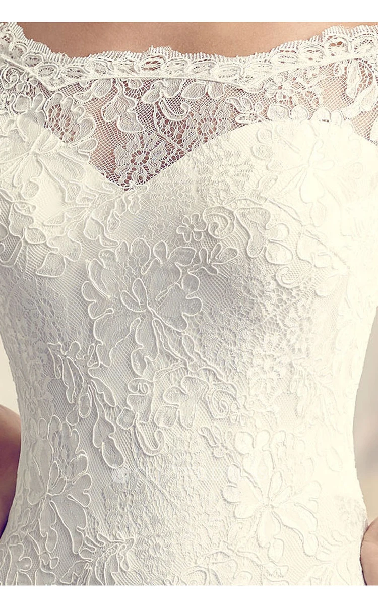 Long Off-The-Shoulder Long-Sleeve Lace Wedding Dress With Court Train And Illusion