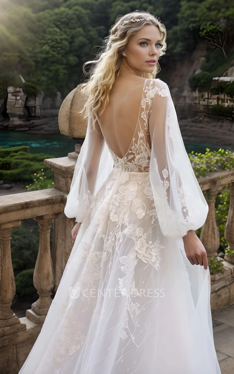 Sexy Elegant A-Line Long Sleeve Fall/Winter Wedding Dress Bohemian Elopement Beach Garden Outdoor Backless Long Train Bridal Gown