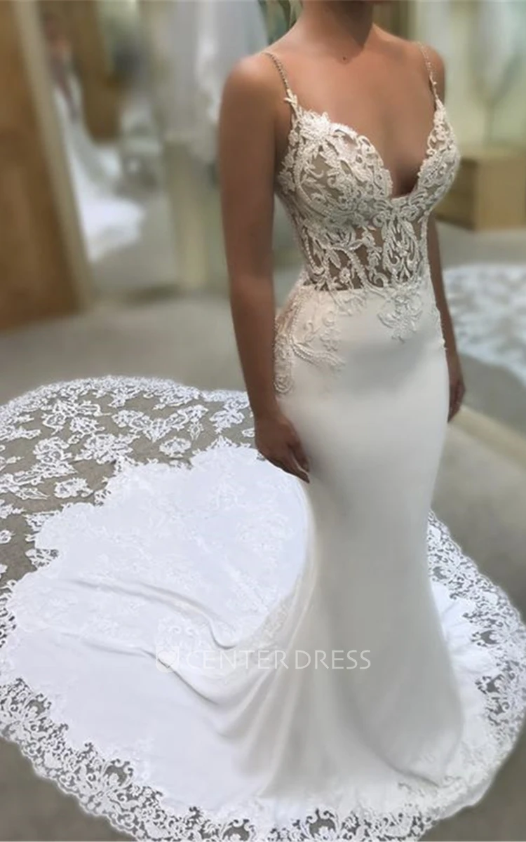 Plunging Spaghetti Lace Mermaid Wedding Dress With Cathedral Train