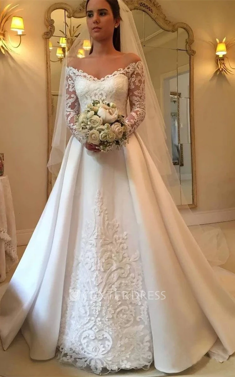 Modern Off-the-shoulder A Line Satin Chapel Train Wedding Dress with Appliques