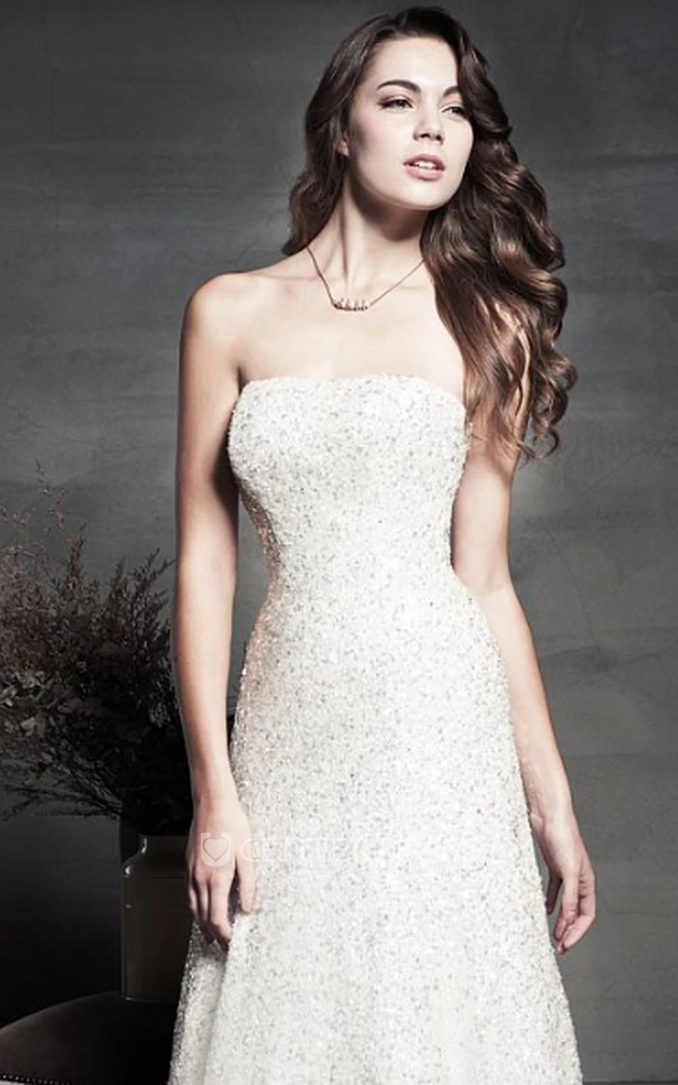 A-Line Strapless Long Sleeveless Sequins Wedding Dress