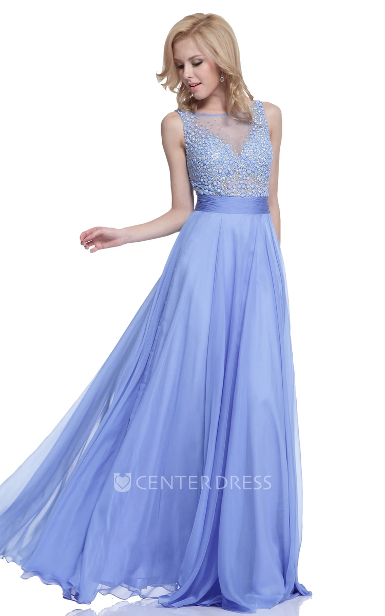 A-Line Long Scoop-Neck Sleeveless Chiffon Low-V Back Dress With Beading And Pleats