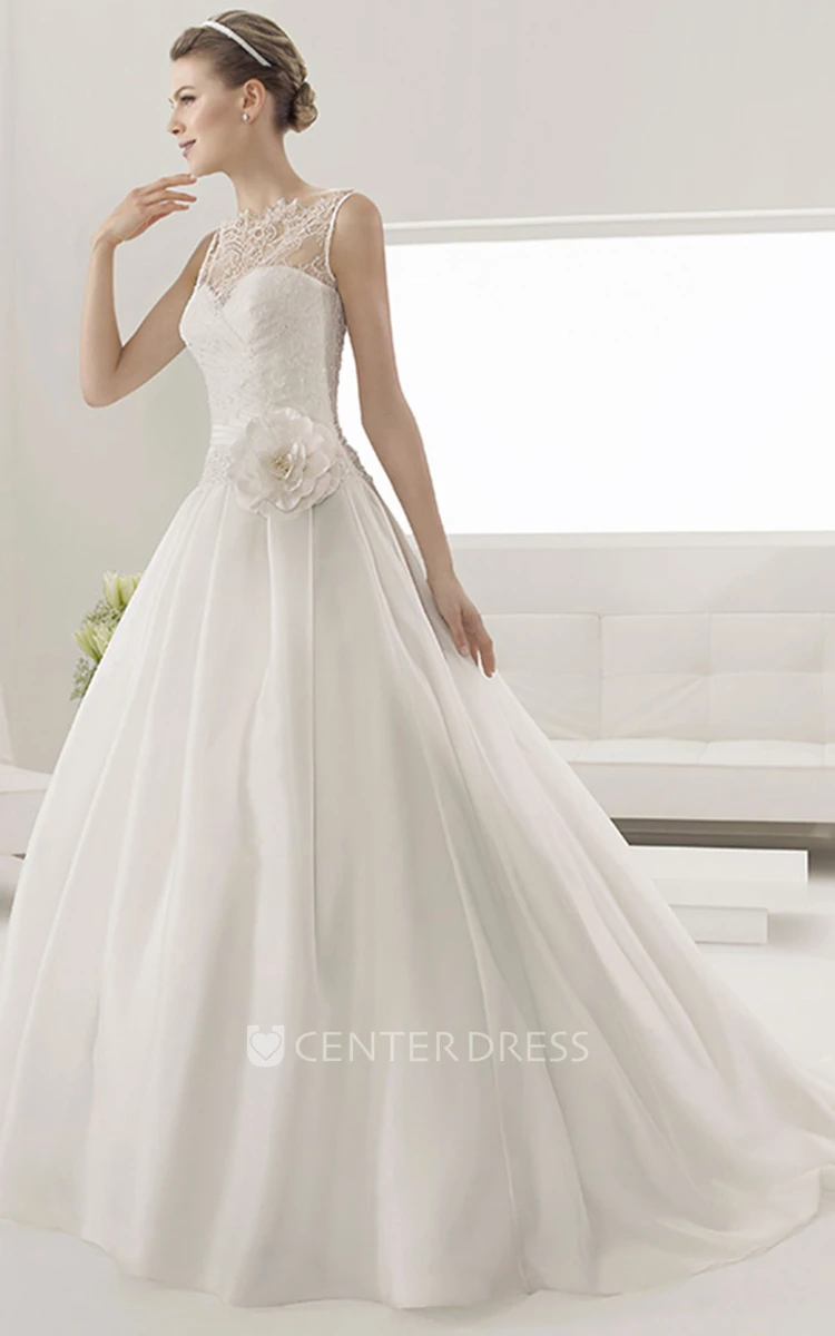 Sweetheart Lace Detailed Taffeta Gown With Flower And Removable Illusion Neck