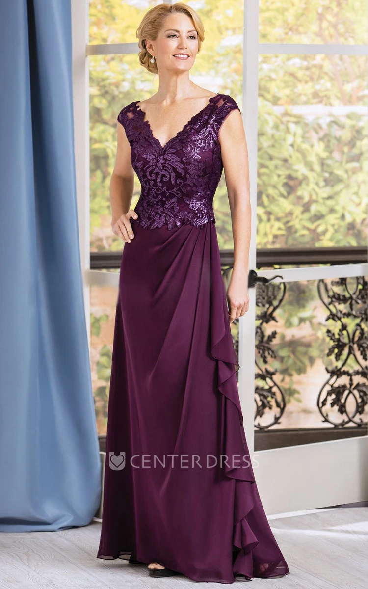 Cap-Sleeved V-Neck Long Mother Of The Bride Dress With Ruffles And V-Back