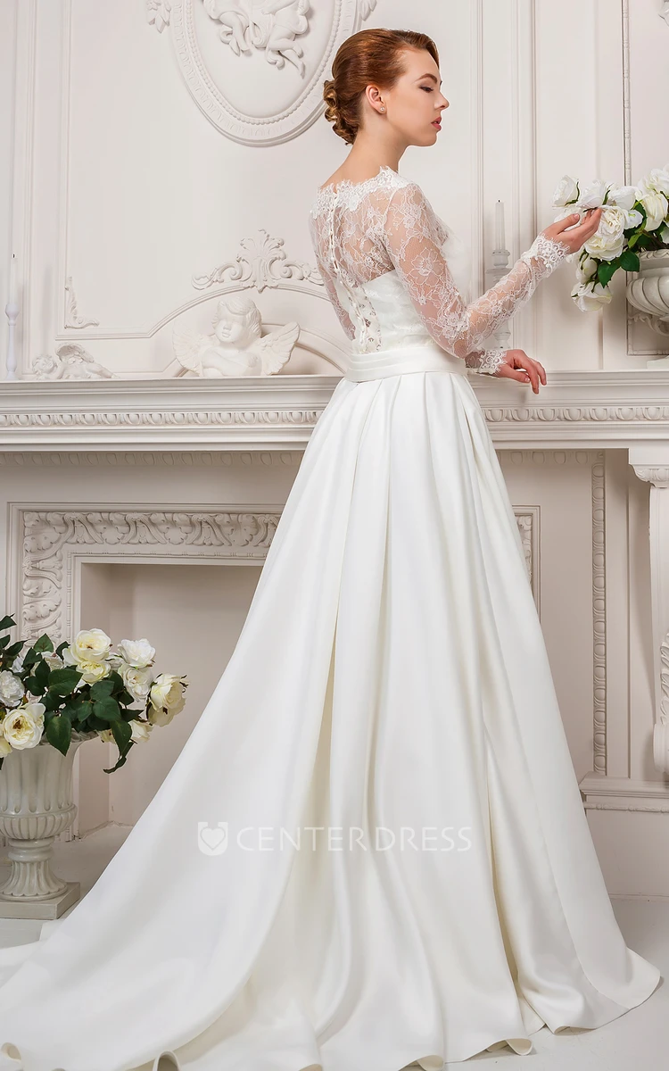 A-Line High Neck Long-Sleeve Satin&Lace Wedding Dress