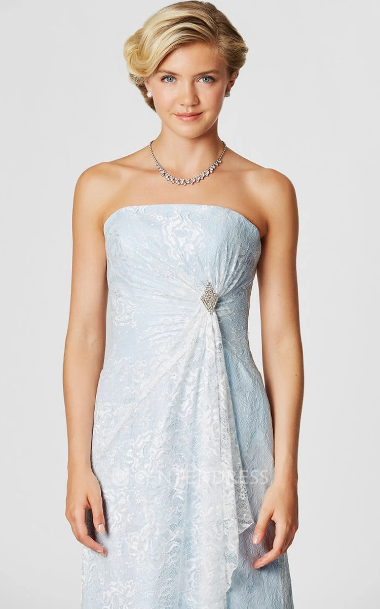 Strapless Appliqued Lace Bridesmaid Dress With Draping And Broach