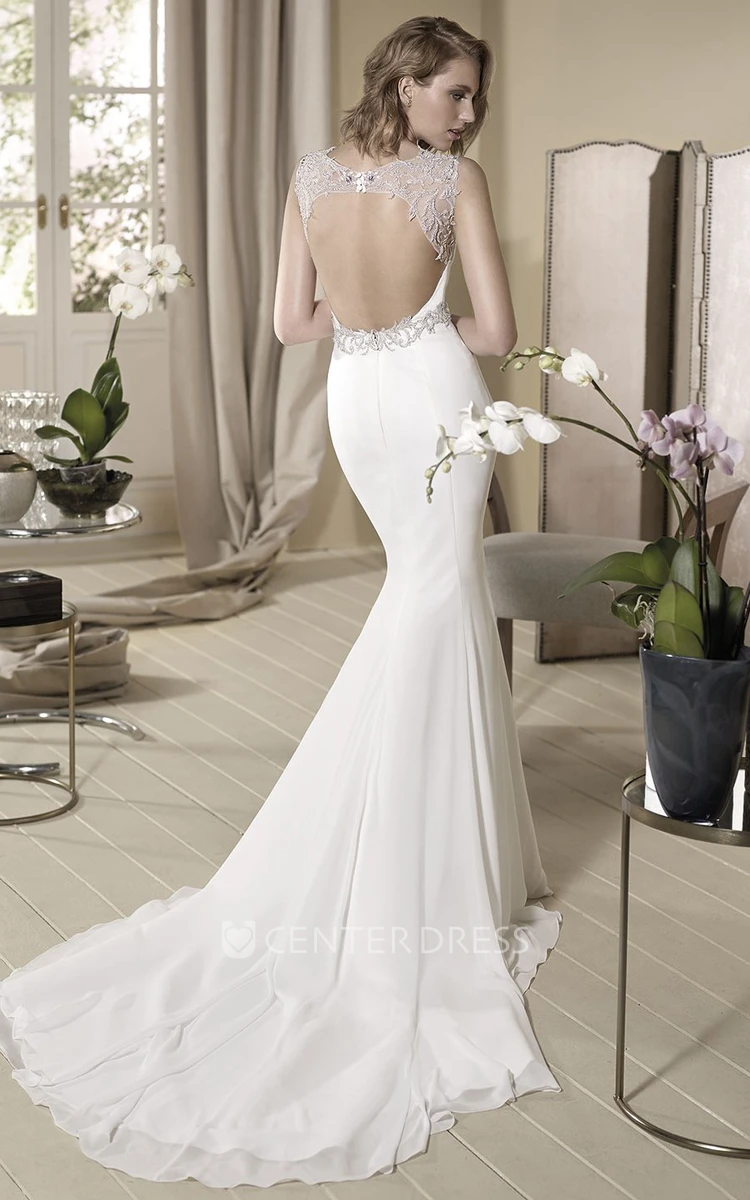 Sheath Long V-Neck Sleeveless Jeweled Wedding Dress With Appliques