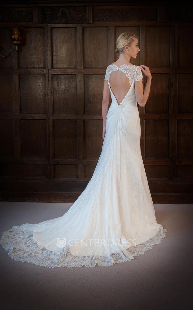A-Line Appliqued V-Neck Cap-Sleeve Long Lace Wedding Dress With Beading
