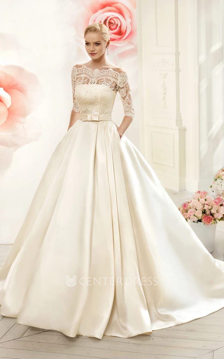 Ball Gown Floor-Length Off-The-Shoulder Half-Sleeve Illusion Satin Dress With Lace