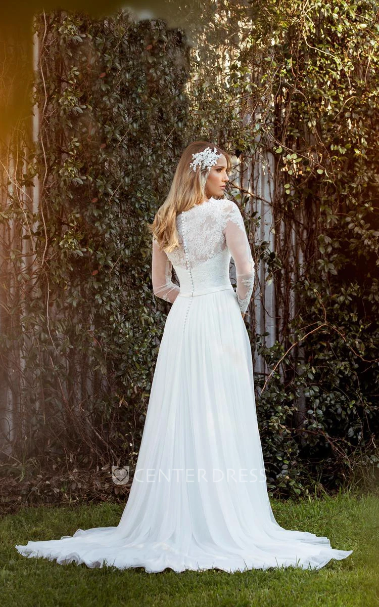 Sheath Long-Sleeve Jewel-Neck Chiffon Wedding Dress With Illusion