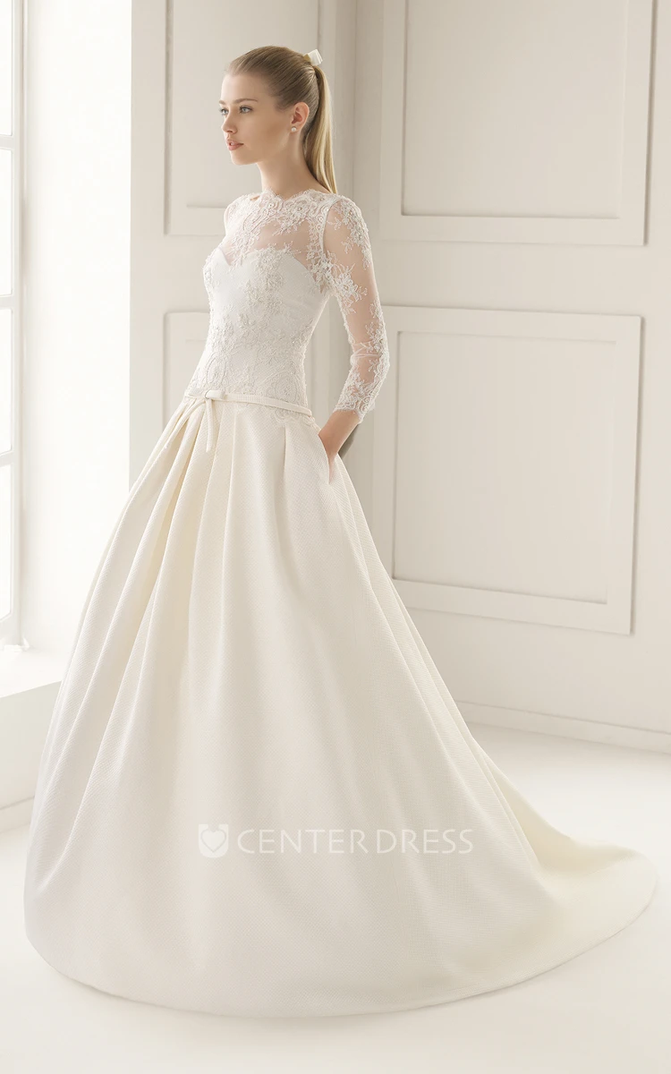 Illusion Neck and Back Dropped-Waistline Sation Gown With Lacy Bodice