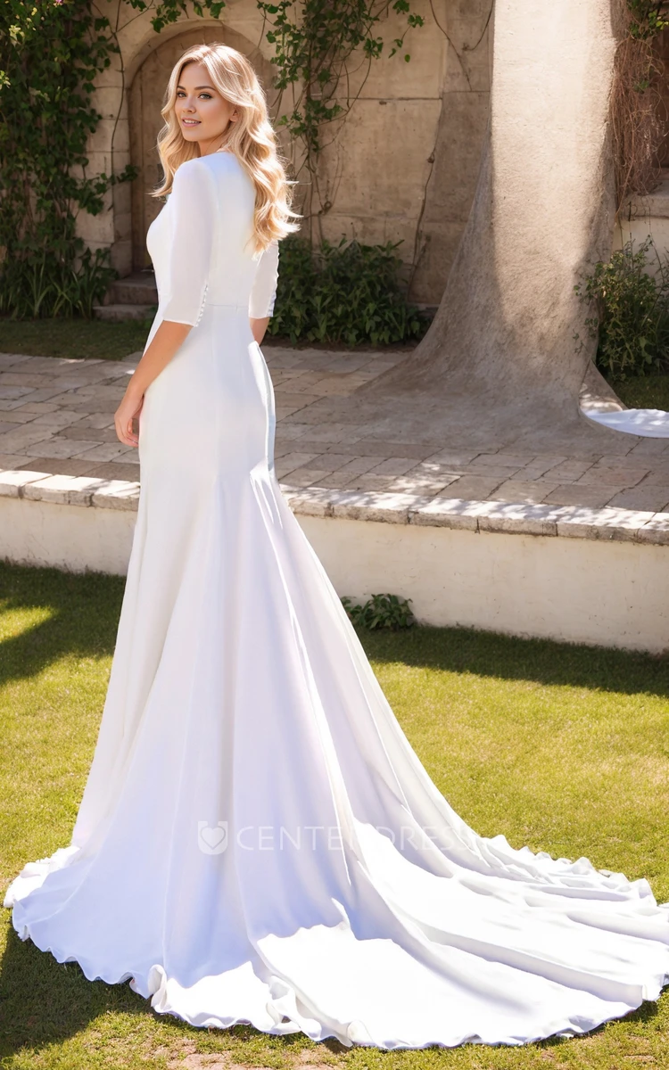 Minimalist Solid Mermaid Half Sleeve Chiffon Wedding Dress Simple Split Front Garden Beach Trumpet Bridal Gown
