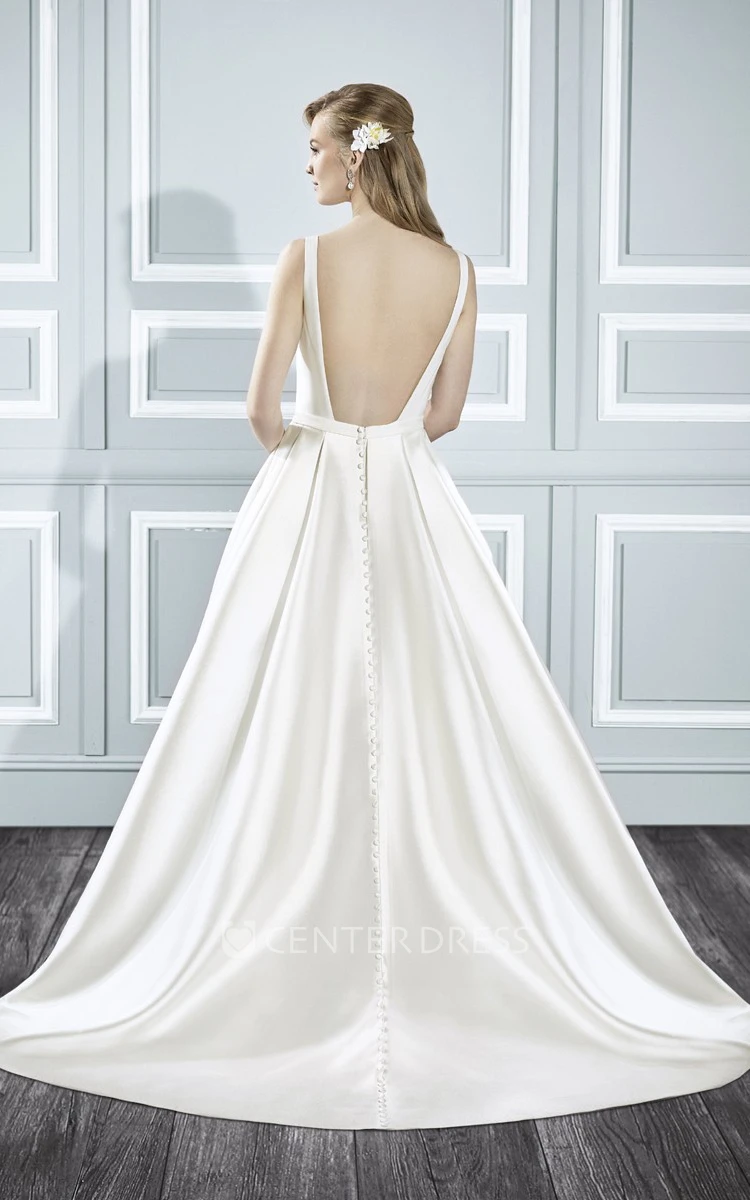 A-Line Long Square Sleeveless Satin Wedding Dress With Court Train And Backless Style
