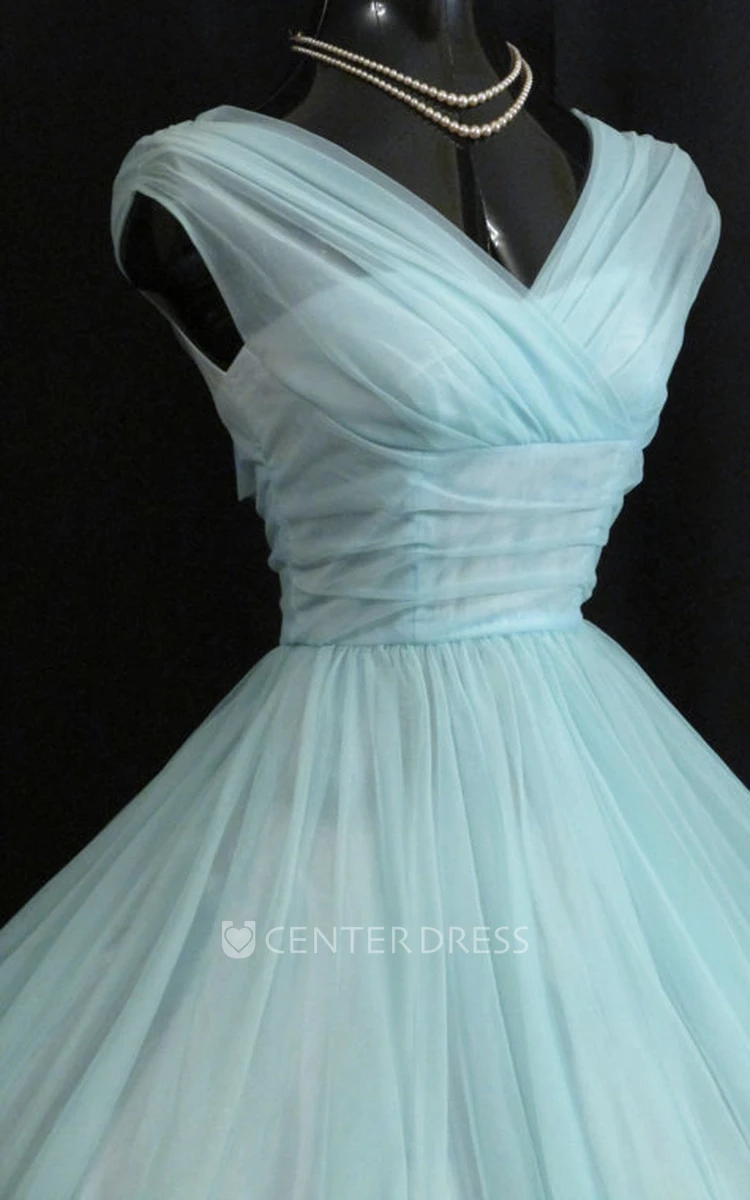 Teal Elegant A-Line Princess Ball Gown Charming V Neck Empire Chiffon Party Dress With Bow