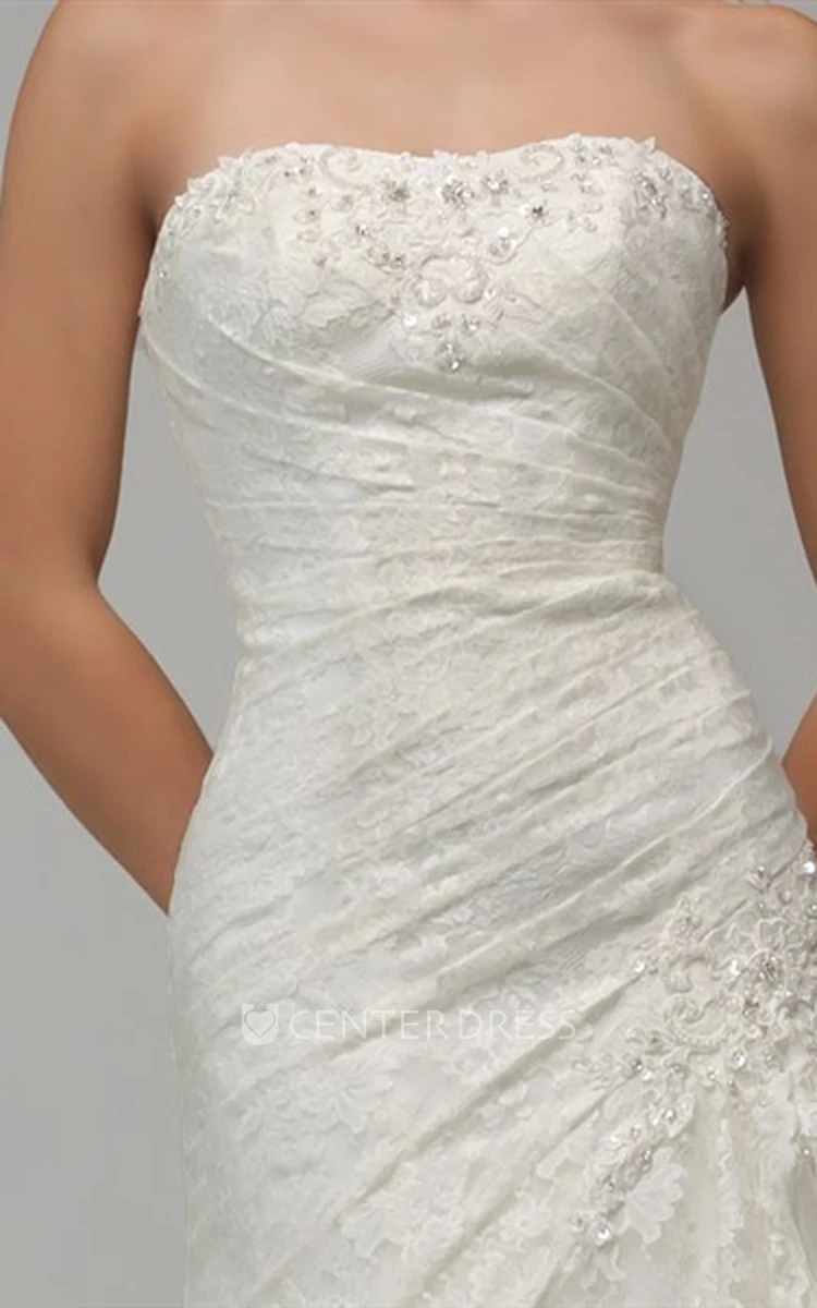 A-Line Appliqued Sleeveless Strapless Maxi Lace Wedding Dress With Side Draping And Beading