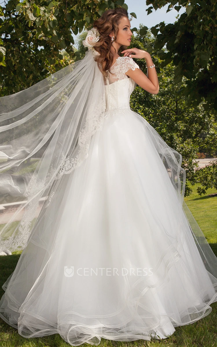 Ball Gown Cap-Sleeve Long Square-Neck Draped Tulle Wedding Dress With Appliques And Illusion