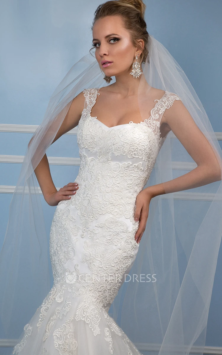 Trumpet Sleeveless Long Appliqued Tulle Wedding Dress With Illusion Back And Court Train