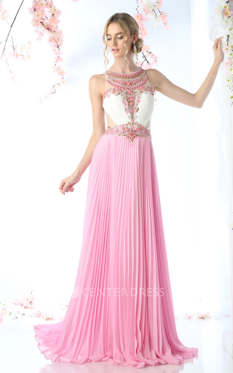 A-Line Scoop-Neck Sleeveless Chiffon Illusion Dress With Pleats And Beading