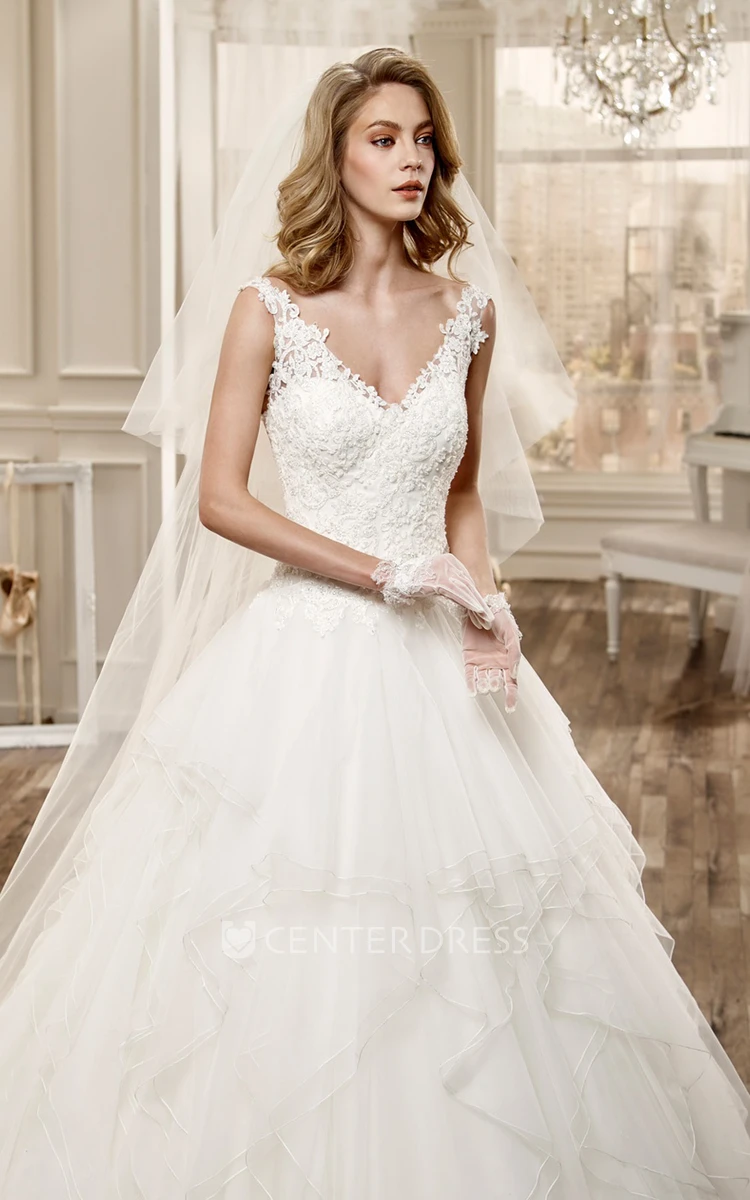 Ruching Wedding Dress with Low-V Neck and Open Back