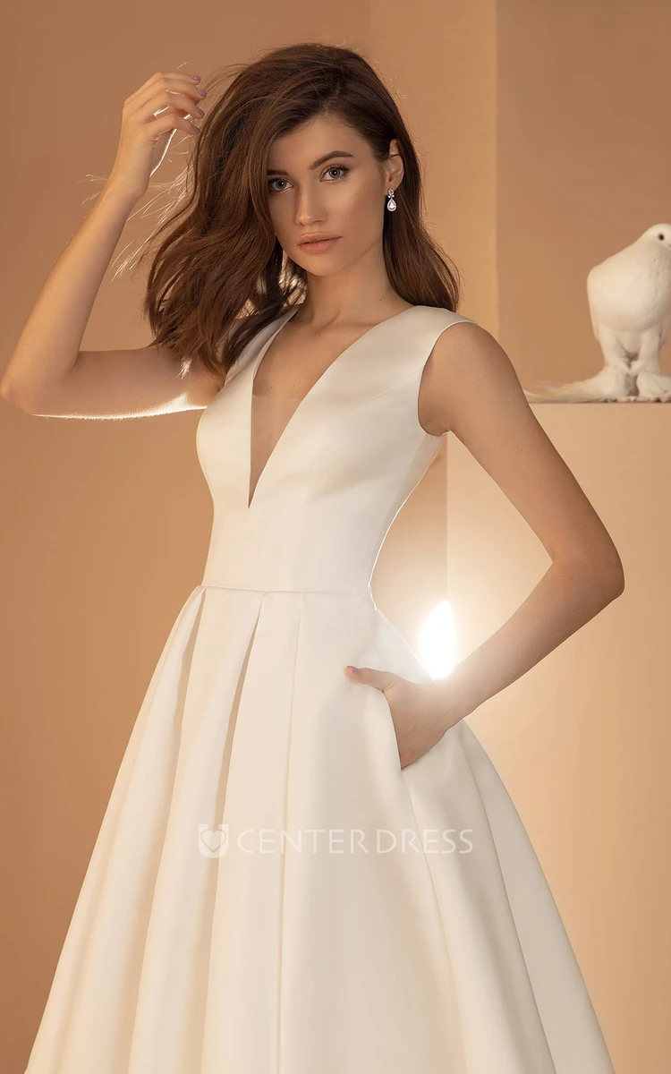 Modern Ball Gown V-neck Satin Sleeveless Wedding Dress with Zipper Back and Pockets