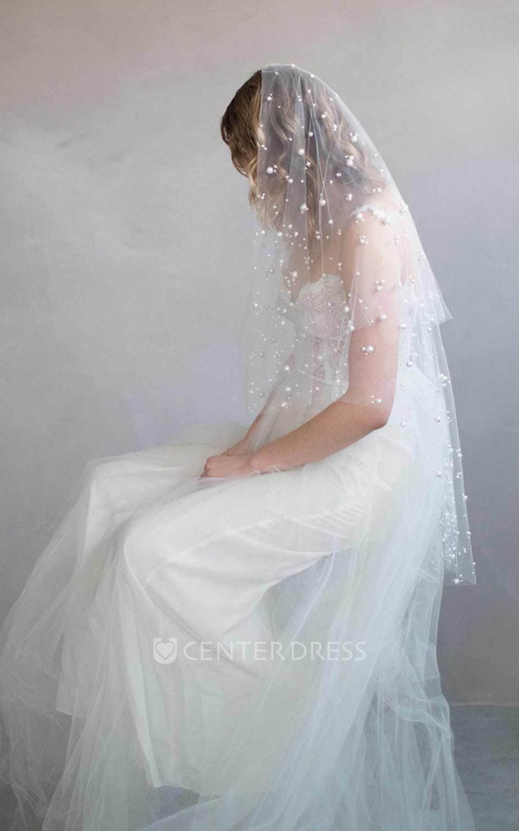 White Beaded 2024 Fingertip Length Wedding Veil