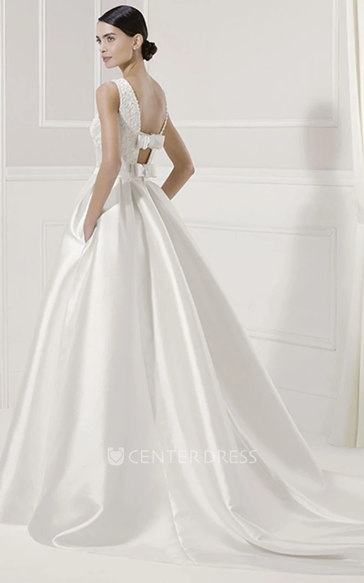 Jewel Neck Pleated Taffeta Bridal Gown With Beading Sash And Back Bows