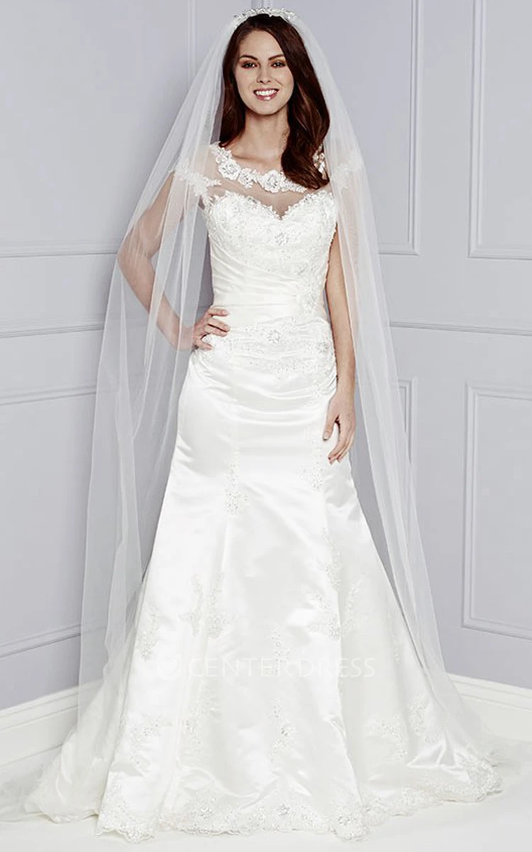 A-Line Appliqued Cap-Sleeve Floor-Length Bateau-Neck Taffeta Wedding Dress