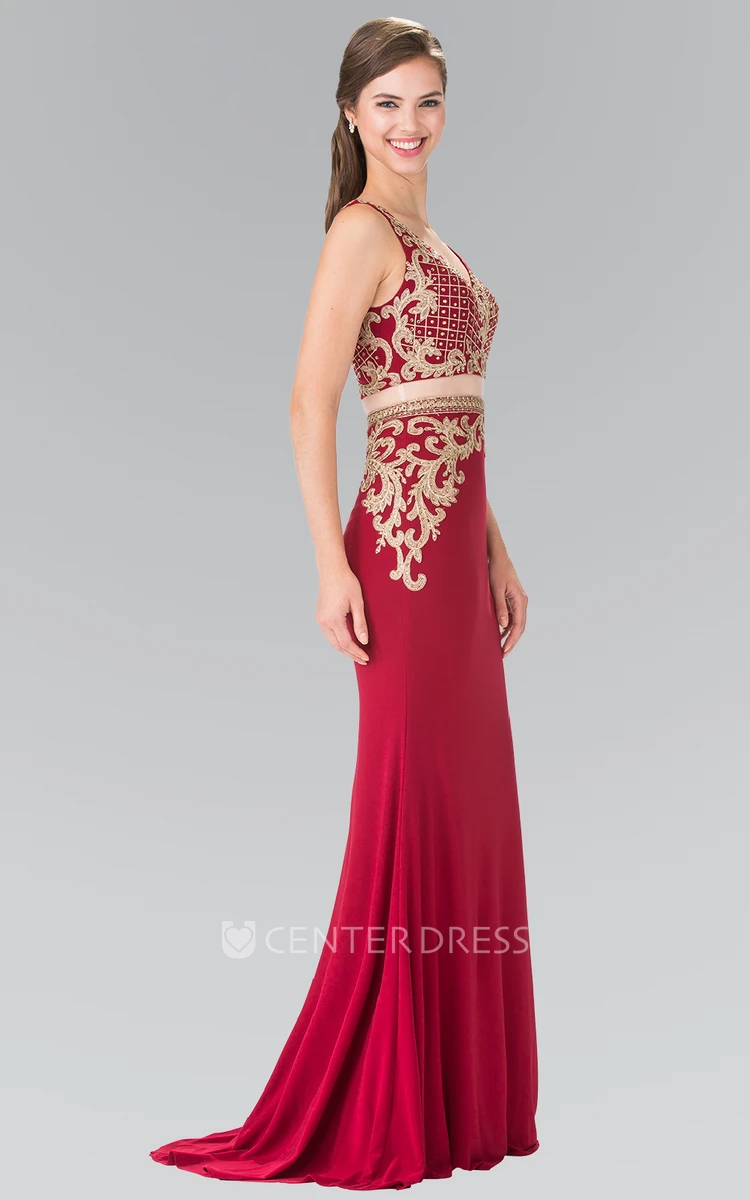 Two-Piece Sheath V-Neck Sleeveless Jersey Dress With Appliques And Beading