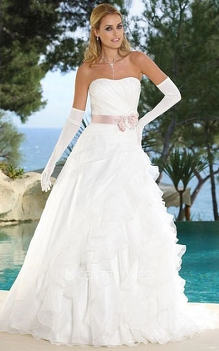 A-Line Ruffled Strapless Organza Wedding Dress With Side Draping And Flower