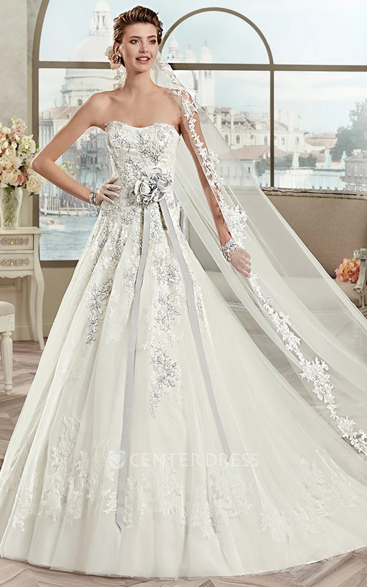 Strapless Open-Back A-Line Lace Bridal Gown With Floral Decorations And Fine Appliques