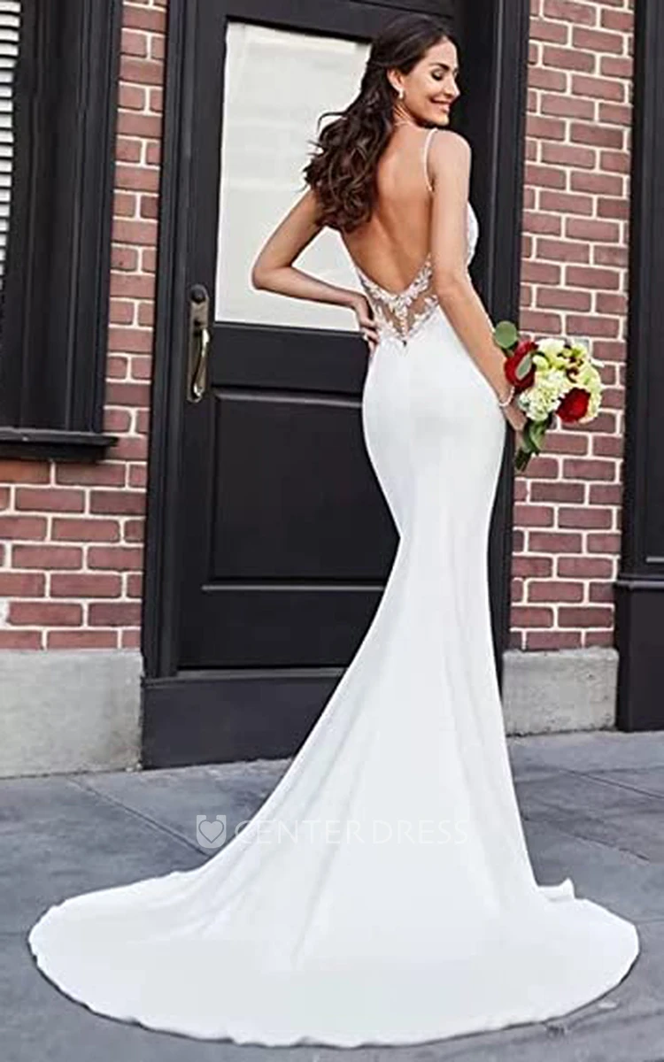 Simple Satin Mermaid Wedding Dress with Open Back Beach Bridal Gown Appliques