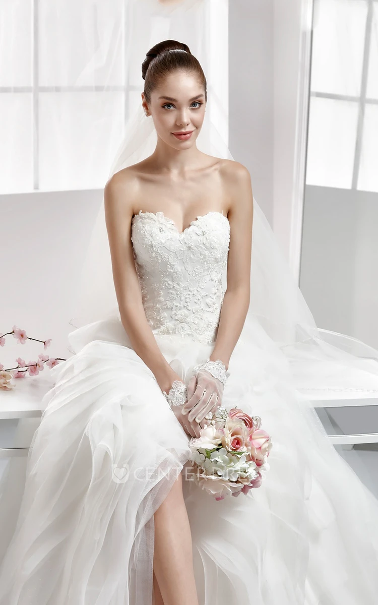 Sweetheart High-Low Wedding Gown with Ruffled Skirt and Lace Corset