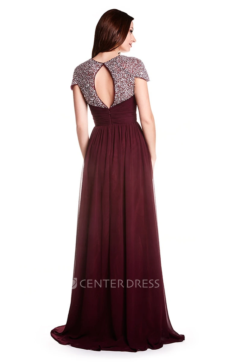 A-Line Floor-Length Sweetheart Criss-Cross Cap-Sleeve Chiffon Prom Dress With Keyhole Back And Beading