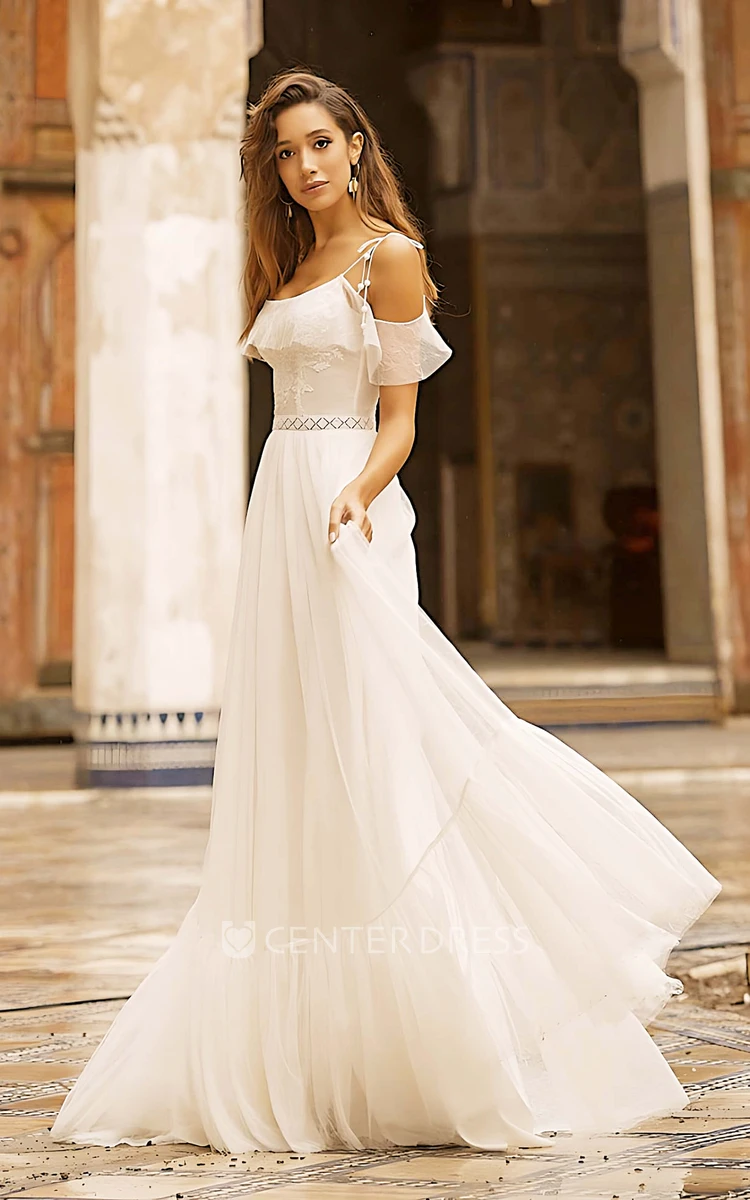 Tulle Spaghetti Straps Off-the-shoulder Adorable Wedding Dress With Lace Details