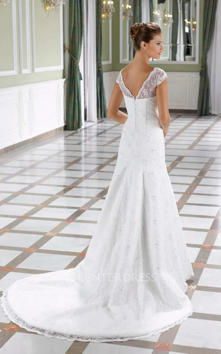 A-Line Cap-Sleeve Jeweled Floor-Length V-Neck Lace Wedding Dress With Court Train And Low-V Back