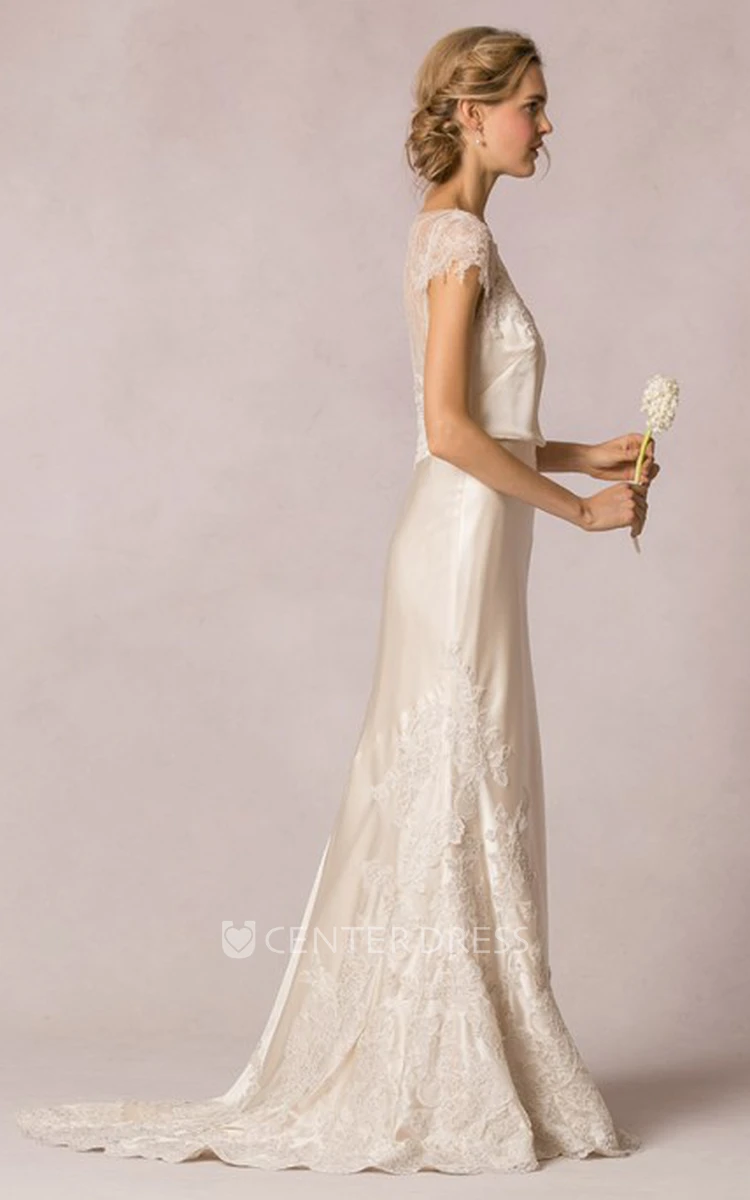 Sheath Scoop-Neck Short-Sleeve Long Appliqued Lace&Satin Wedding Dress