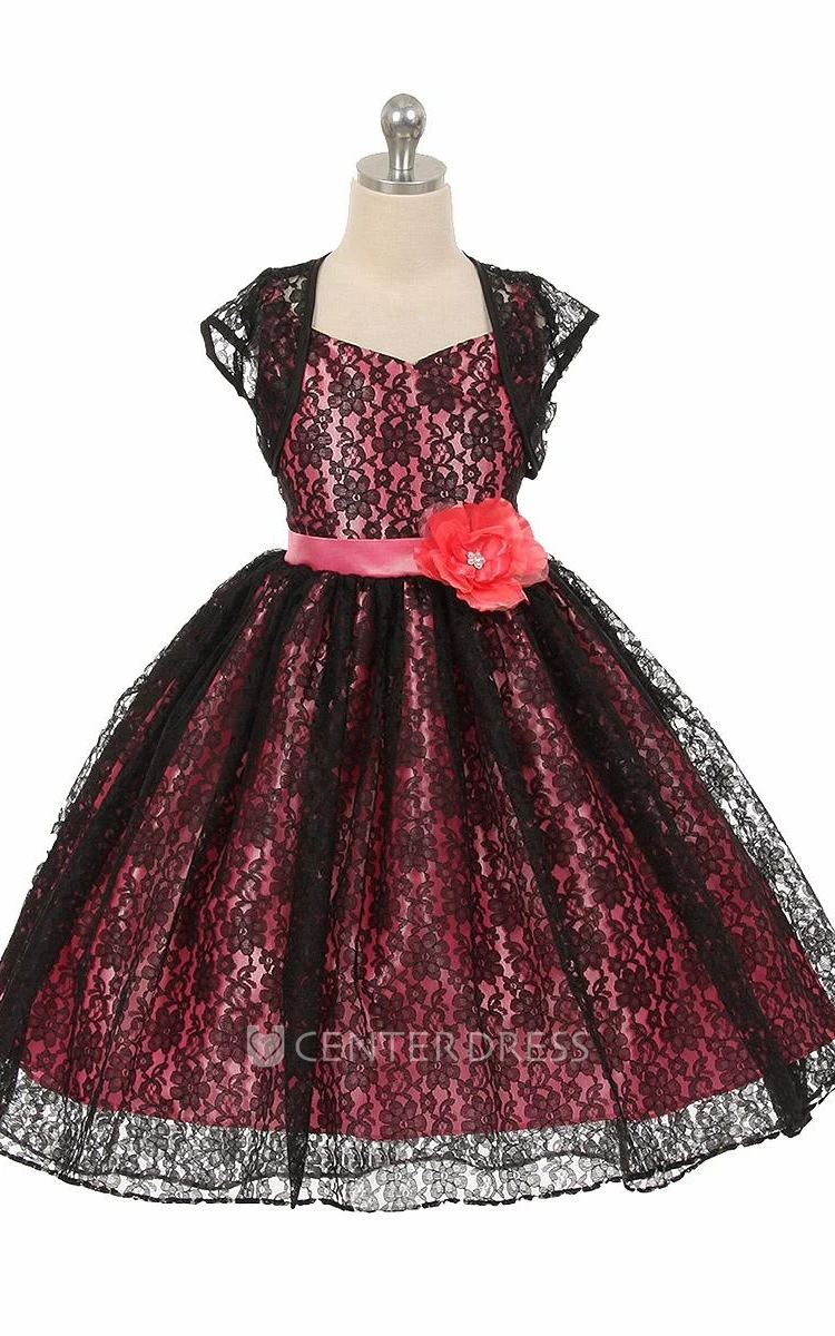 High-Low Floral Criss-Cross Lace Flower Girl Dress With Ribbon