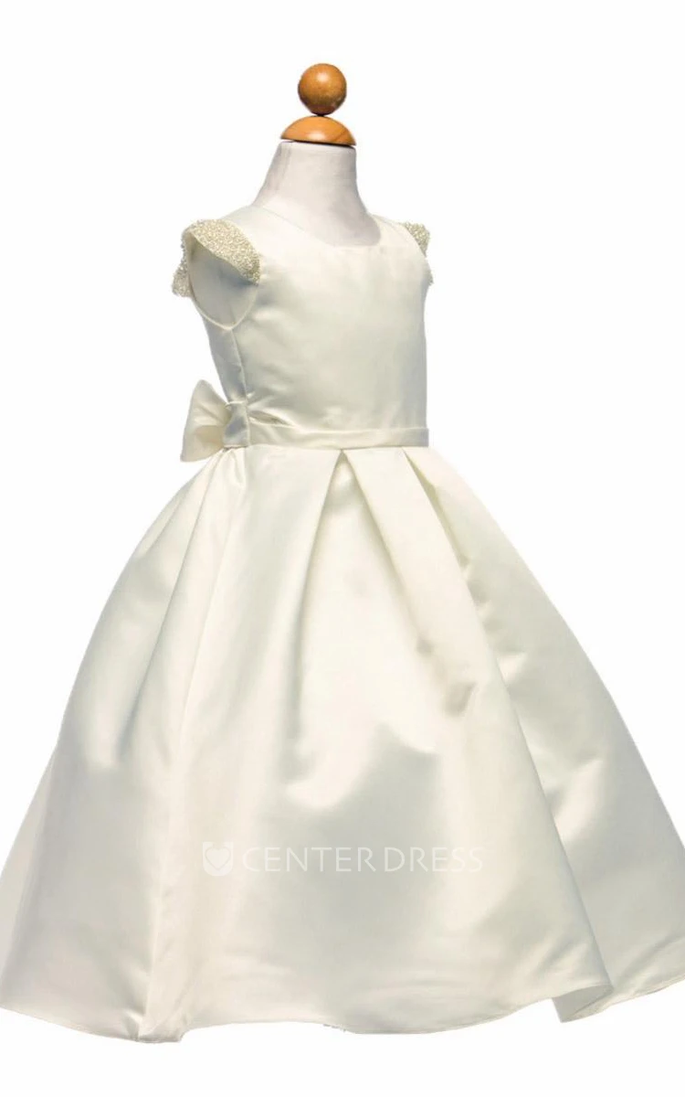 Tea-Length Pleated Cap-Sleeve Satin Flower Girl Dress