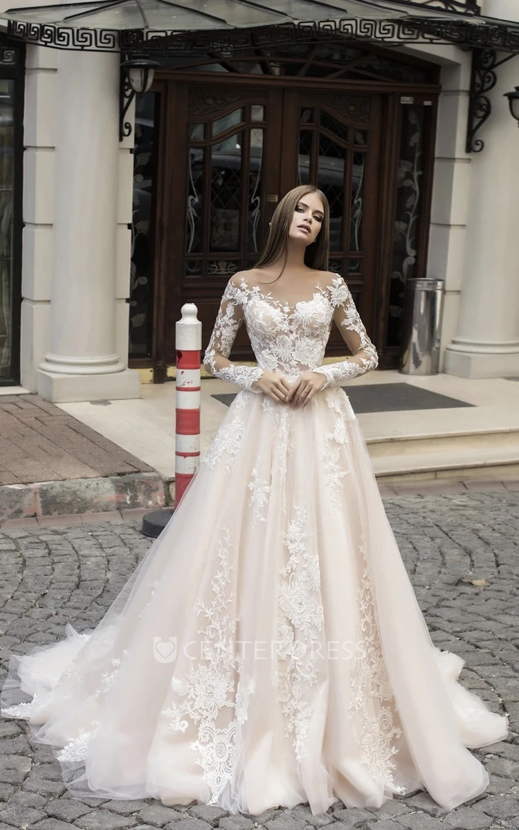 Romantic Lace V-neck A-Line Wedding Dress Garden Bride Elegant Sleeves Appliques