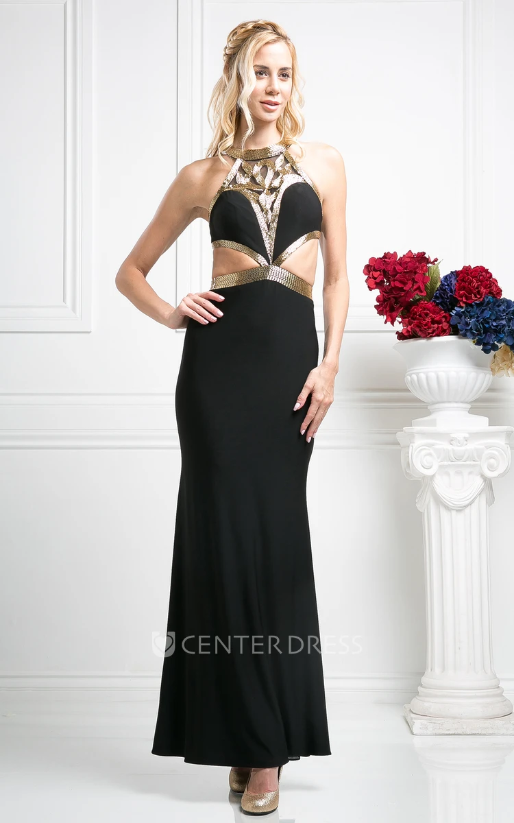 Sheath Ankle-Length Jewel-Neck Sleeveless Jersey Illusion Dress With Sequins