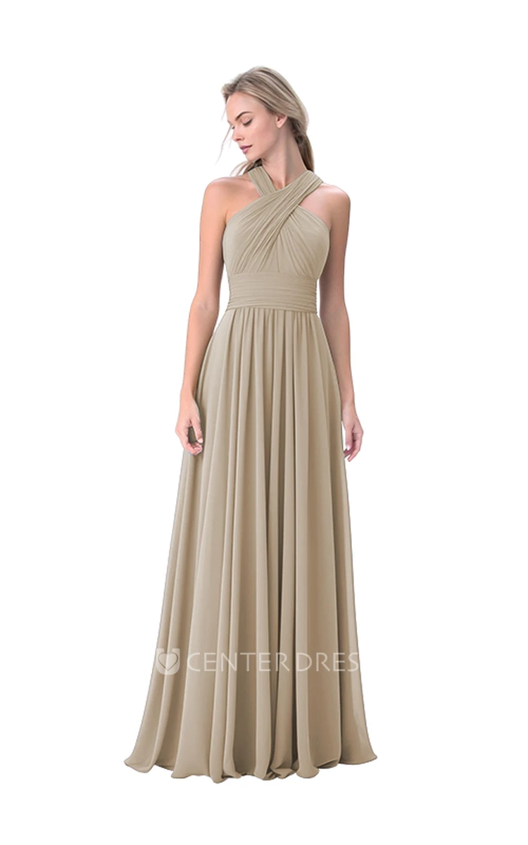 Beautiful Chiffon A-Line Halter Neck Bridesmaid Dress with Ruching Unique Prom Dress