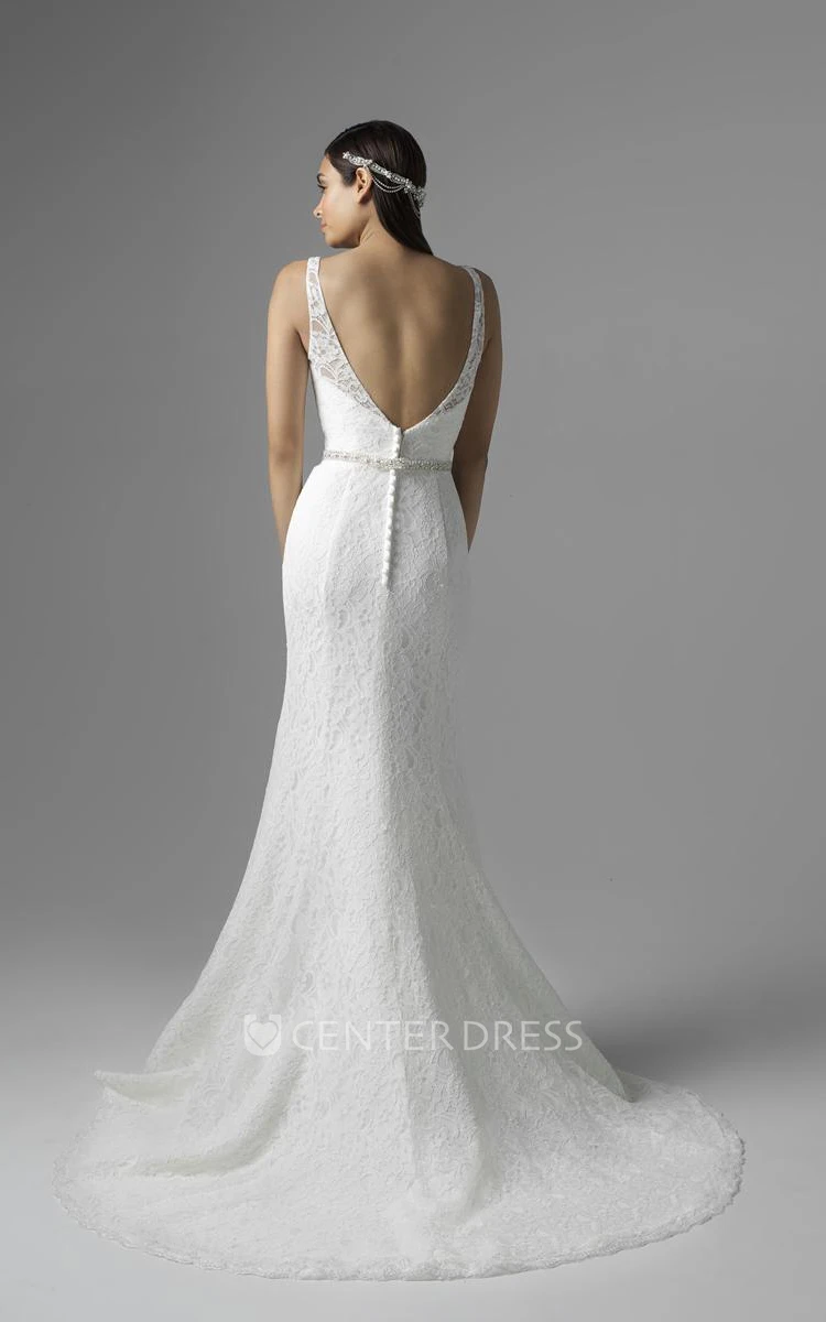 Trumpet Sleeveless V-Neck Long Appliqued Lace Wedding Dress With Waist Jewellery And Deep-V Back