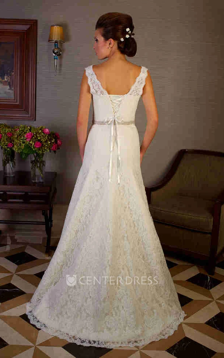 A-Line Sleeveless V-Neck Floor-Length Jeweled Lace Wedding Dress