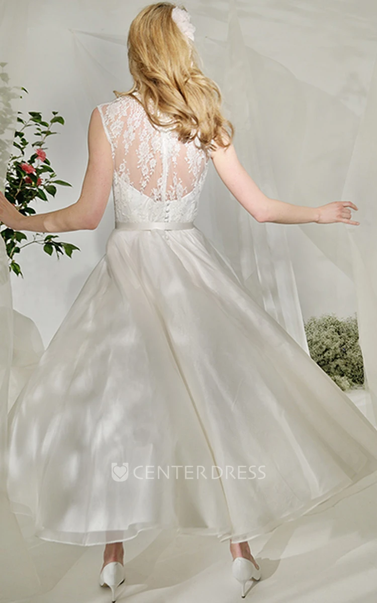 A-Line High Neck Tea-Length Sleeveless Satin&Lace Wedding Dress With Illusion Back